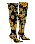Lulamax Leah Long Boot - Floral Satin Design, High Stiletto - Black Multi