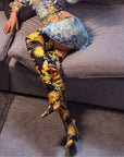 Lulamax Leah Long Boot - Floral Satin Design, High Stiletto - Black Multi