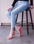 Lulamax Janet Stiletto Heel - Diamanté Flower Straps, High Stiletto - Coral