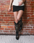 Lulamax Willow Western Boot - Embroidered Metallic Shine - Black Gold on Model
