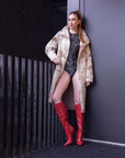 Lulamax Olive Long Boot - Bold Style Statement, Red Snake Skin Pattern - High Stiletto Heel