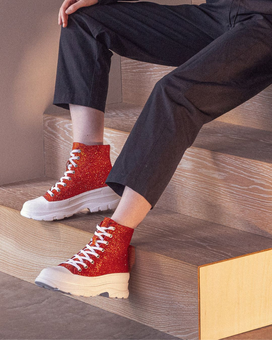 Lulamax Josie Ankle Boot - Dimond Textile Surface - Sporty Chic - Red on Model