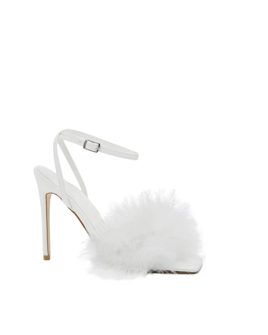 Lulamax Kendall Feather Stiletto High Heel - Feather Detail - White