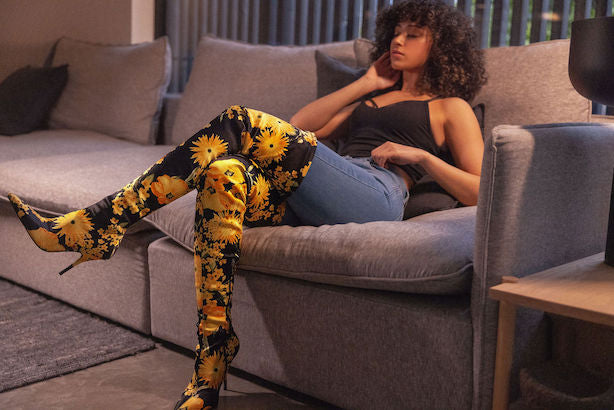 Lulamax Leah Long Boot - Floral Satin Design, High Stiletto - Black Multi