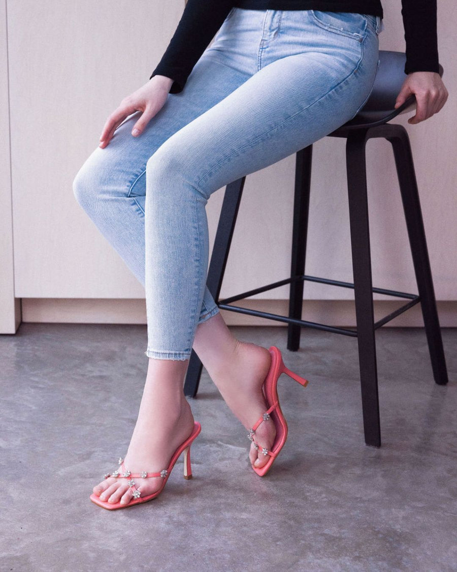 Lulamax Janet Stiletto Heel - Diamanté Flower Straps, High Stiletto - Coral