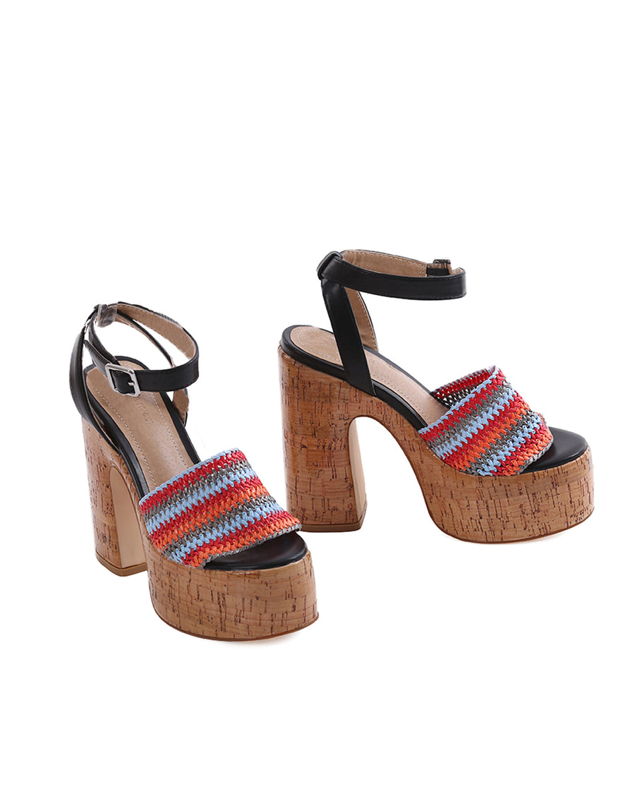 Lulamax Kaylee Platform Heel - Wide Rainbow Strap, Cork Platform - Black Multi